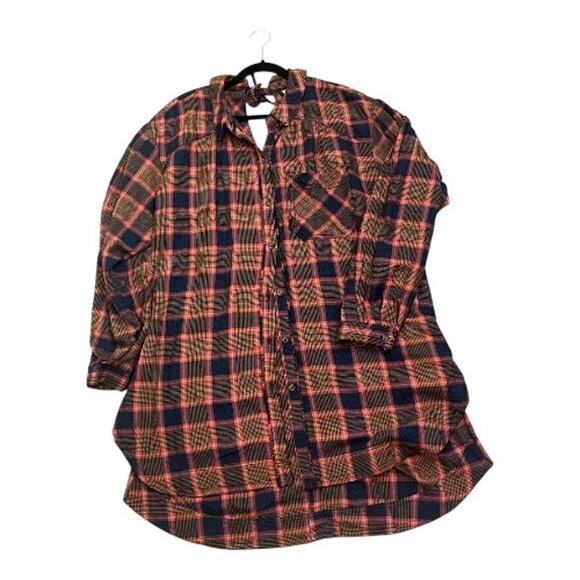Free People Plaid Wild Side Tunic Flannel Size Medium Pink Brown - Picture 3 of 11